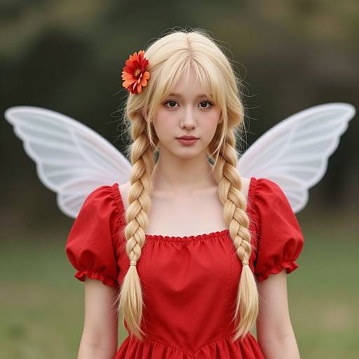 Photograph of a young Asian woman with long blonde braids, red dress, white wings, and orange flower hairpiece, standing outdoors.