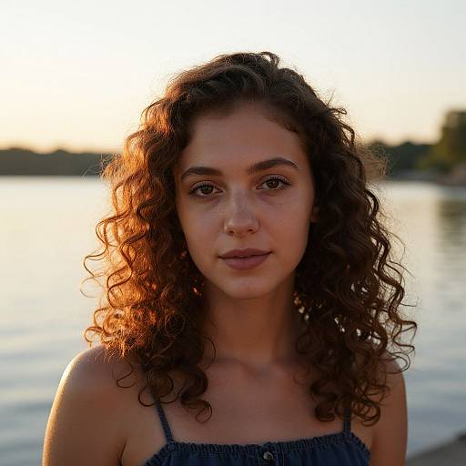 Photograph of a young woman with curly brown hair, wearing a blue spaghetti strap top, standing by a sunlit lake at sunset.