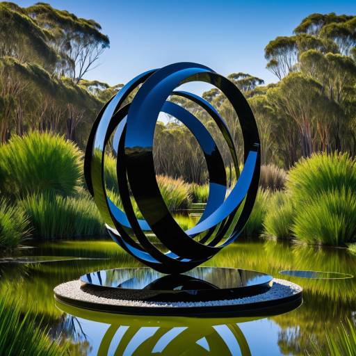 Modern Black Metal Sculpture in Reflective Garden Pond