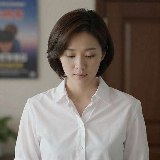 Asian Woman in White Shirt Looking Down