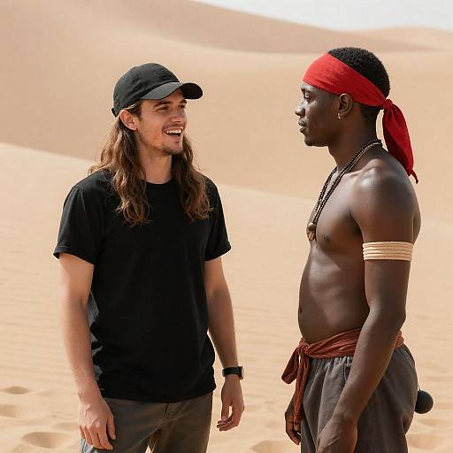 Two men standing in desert with sandy dunes