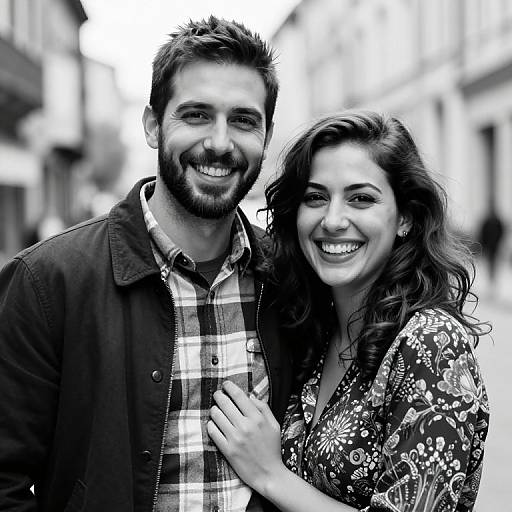 Black-and-white photograph of a smiling couple; man with short dark hair and beard, plaid shirt, woman with wavy hair, floral blouse,