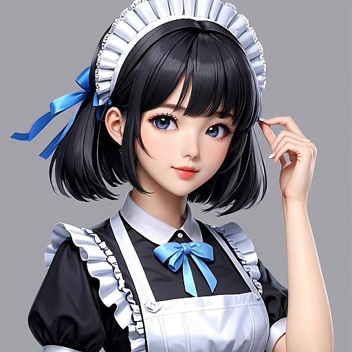 Digital anime-style drawing of a cute young woman with black bob hair, blue eyes, and fair skin, wearing a black and white maid outfit with a