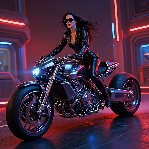 Photorealistic CGI of a dark-haired woman in black leather riding a sleek, silver motorcycle with bright blue headlights in a neon-lit, futuristic urban