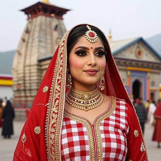 Photograph of a South Asian bride in a red and gold embroidered saree and checkered blouse, with traditional jewelry, standing in front of a colorful
