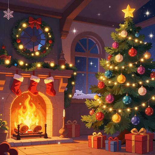 Cozy Christmas Room with Tree and Fireplace