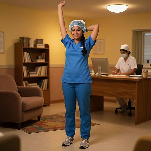 Photograph of a smiling woman in blue scrubs and a white cap, stretching with arms raised, in an office with a bookshelf and another person