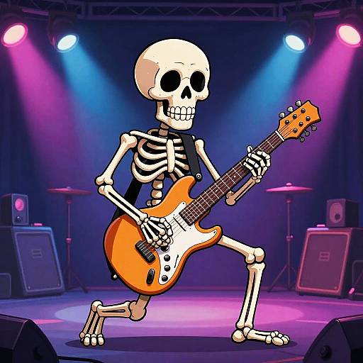 Cartoon skeleton playing orange electric guitar on stage, illuminated by purple and blue spotlights, with drums and amps in background.