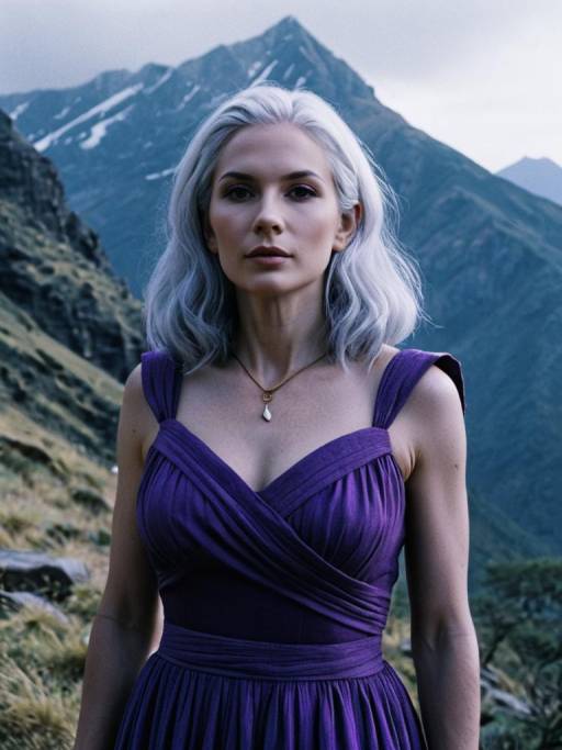 Woman with Silver Hair in Purple Dress by Mountain