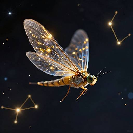 Photograph of a glowing dragonfly with sparkling, translucent wings against a dark blue background, surrounded by bright, star-like dots.