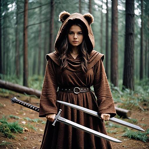 Photograph of a serious young woman in a brown hooded dress with bear ears, holding a sword in a forest.