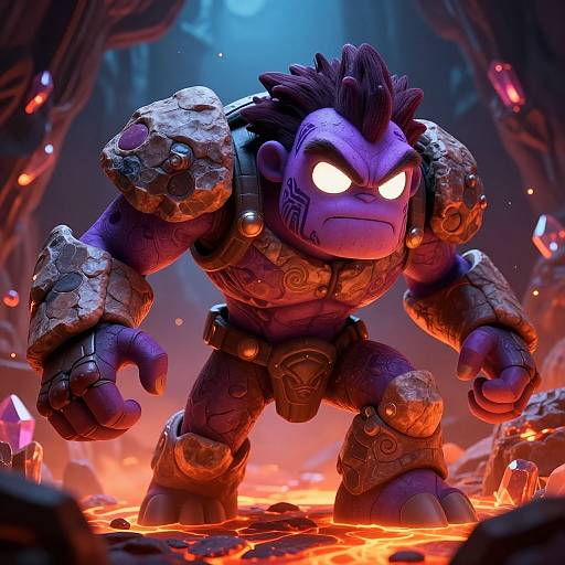 CGI fantasy illustration of a fierce, purple-skinned, muscular monkey warrior with glowing white eyes, wearing cracked stone armor, standing in a fiery,