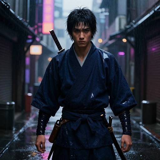 Neon Rain-Soaked Cyberpunk Samurai Portrait