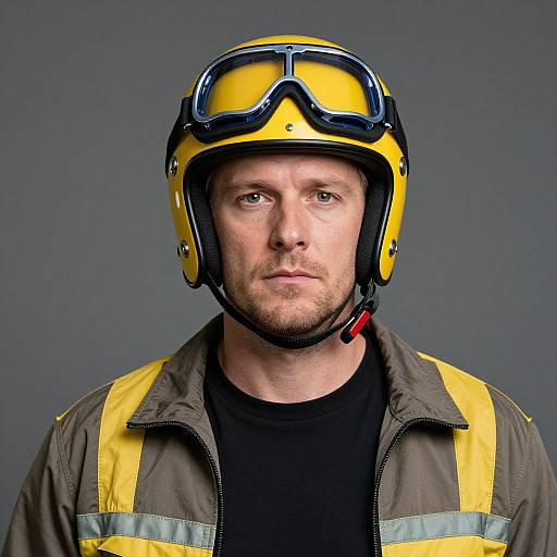 Man in Yellow Helmet and Striped Jacket
