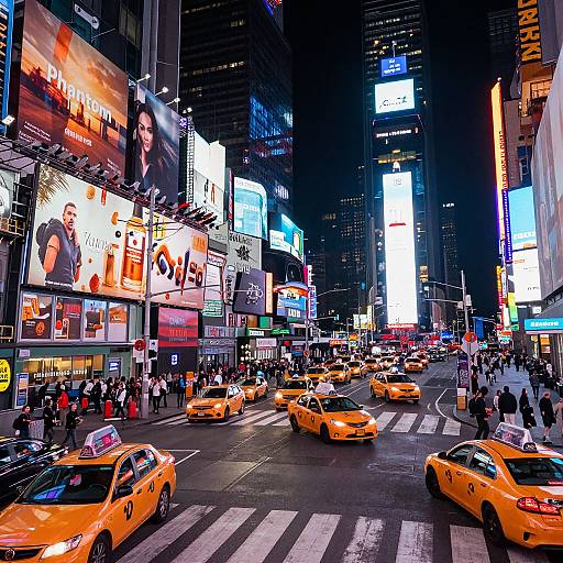 Vibrant night photograph of bustling Times Square with bright neon billboards, crowded sidewalks, and numerous yellow taxis crossing a zebra-striped intersection.