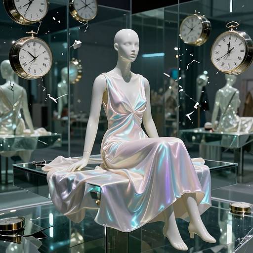 Photograph of a bald, white, metallic-satin-dress-wearing mannequin sitting on a glass platform, surrounded by antique clocks and mirrored
