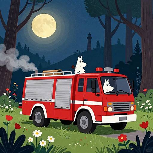 Digital illustration: Red fire truck with two white cat drivers in a moonlit forest, surrounded by red and white flowers.