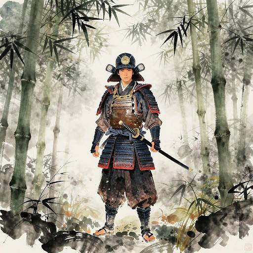 Serene Samurai in Misty Bamboo