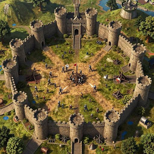 Aerial CGI of a medieval stone castle with four towers, surrounded by a grassy courtyard filled with armored knights and horses.