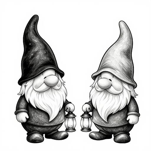 Black-and-white digital drawing of two cartoon gnomes with large hats, white beards, and lanterns, standing side by side.