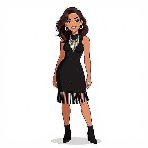 Digital illustration of a smiling, dark-haired woman in a sleeveless, black, fringed dress, silver necklace, large hoop earrings, and black ankle