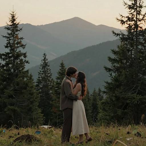 Photograph of a couple kissing in a mountainous forest clearing, with tall pine trees and misty hills in the background. The woman wears a white