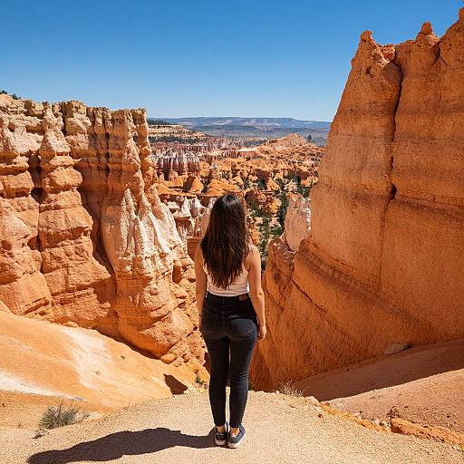 Photograph of a woman with long brown hair, wearing a white tank top and black pants, standing on a rocky path, facing red rock formations and