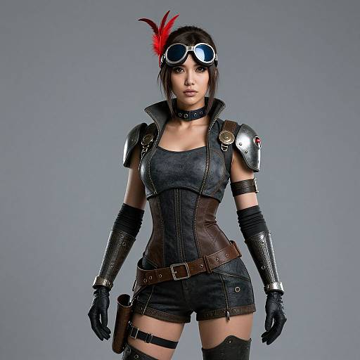 Photograph of a stylish, dark-haired woman in steampunk attire: black leather corset, armored shoulder plates, goggles with red feather, black
