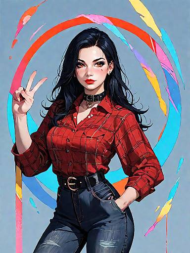 Stylish Woman in Red Plaid Shirt and Black Jeans