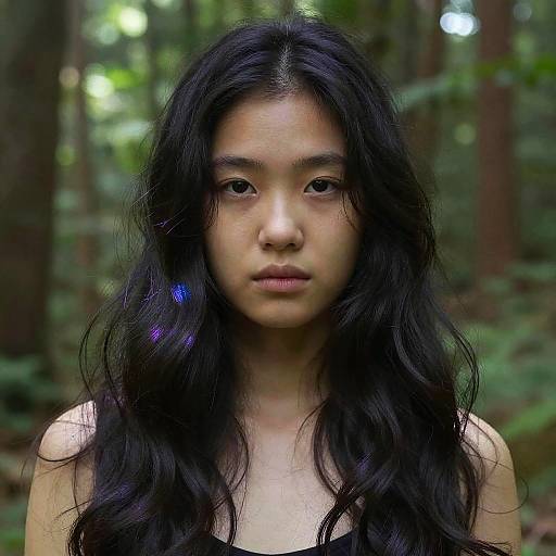 Photograph of an Asian woman with long, wavy black hair, neutral expression, standing in a lush, green forest with blurred trees.