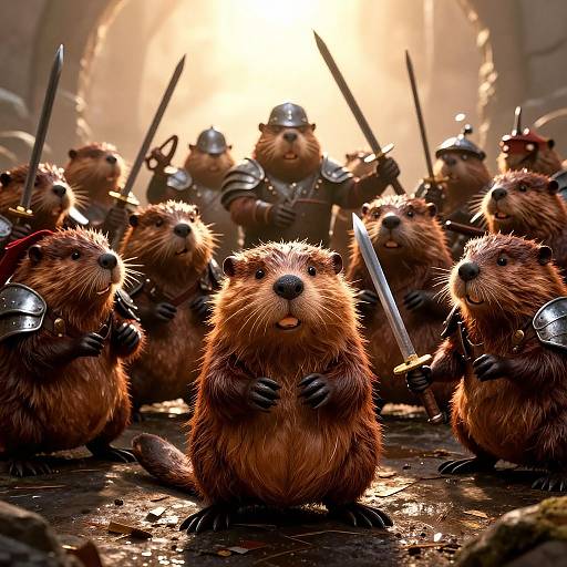Photorealistic digital art of anthropomorphic beavers in medieval armor, holding swords, standing in a sunlit, misty forest, with determined expressions