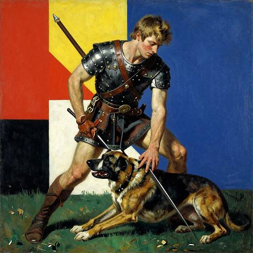 Digital painting of a muscular, blond warrior in medieval armor, gripping a sword, standing beside a German Shepherd on grass, against a vibrant, geometric background