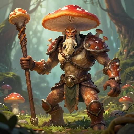 Digital fantasy artwork of a muscular, bearded, mushroom-capped wizard with armor, holding a staff, in a sunlit forest with mushrooms.