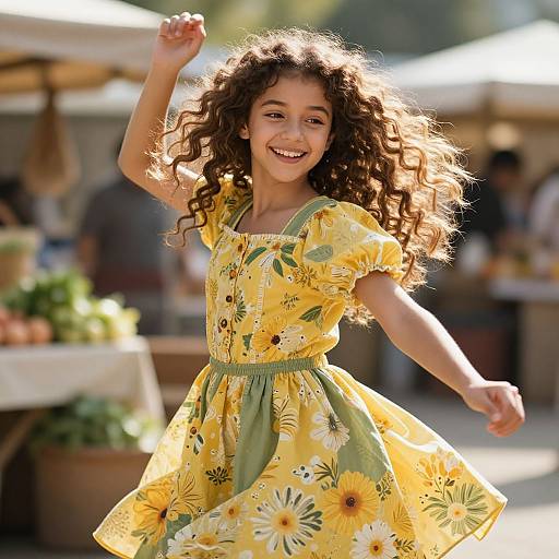 Photograph of a smiling young girl with curly brown hair, wearing a yellow floral dress, joyfully dancing at an outdoor market.