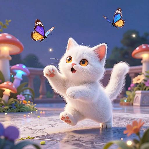 Playful White Kitten in Enchanted Garden