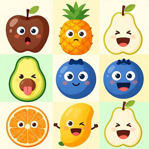 Colorful cartoon fruit characters with expressive, happy faces: brown apple, pineapple, pear, avocado, blueberry, plum, orange, mango, pear
