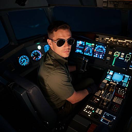 Photograph of a handsome man with short brown hair, wearing black sunglasses and a black shirt, seated in a dimly lit cockpit with brightly illuminated instrument