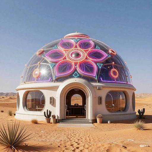 Photograph of a dome-shaped desert yurt illuminated by vibrant neon floral patterns, set in a sunny, sandy desert landscape.