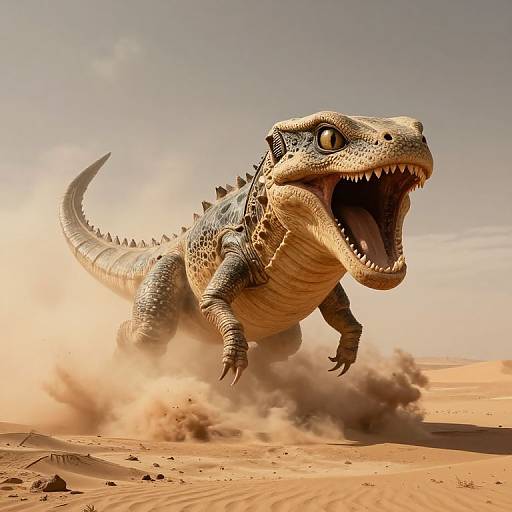 Photorealistic CGI of a roaring, sharp-toothed, blue-green dinosaur with textured scales, running through a dusty, orange desert.