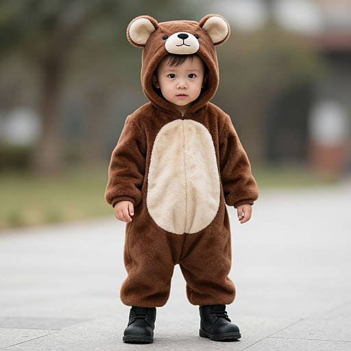 Photograph of a cute toddler in a brown bear onesie with white chest, black boots, standing outdoors on a paved path.