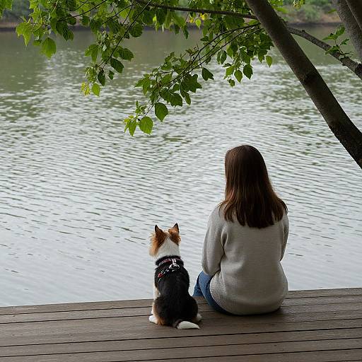 Photograph of a woman with shoulder-length brown hair, wearing a gray sweater, sitting on a wooden dock beside a calico cat, gazing at