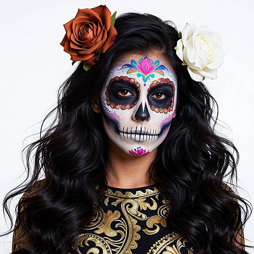 Photograph of a woman with long black hair, wearing a floral headpiece, black and white sugar skull face paint, and an ornate gold-pattern