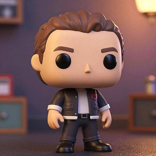 Photograph of a Funko Pop-style figure with large black eyes, brown hair, black leather jacket, white shirt, black pants, and black shoes