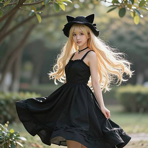 Photograph of a young blonde woman with long hair, wearing a black dress and cat-eared hat, standing in a sunlit, leafy park