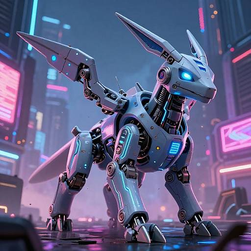 Digital CGI of a futuristic, glowing blue and silver robotic creature with wing-like appendages in a neon-lit, cyberpunk cityscape.