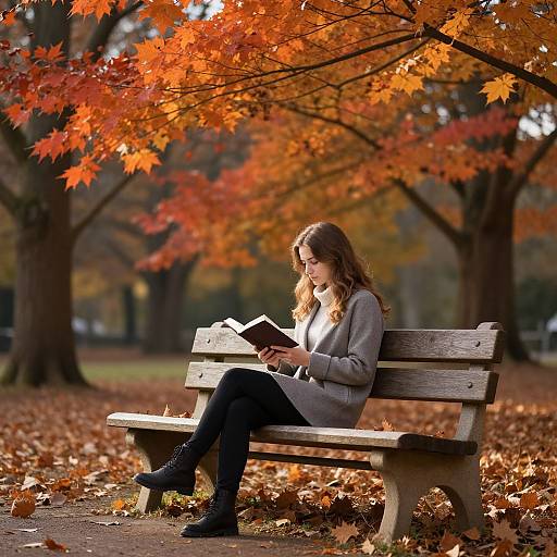 Photograph of a young woman with wavy brown hair, reading a book on a wooden bench in a park with vibrant autumn leaves. She wears a