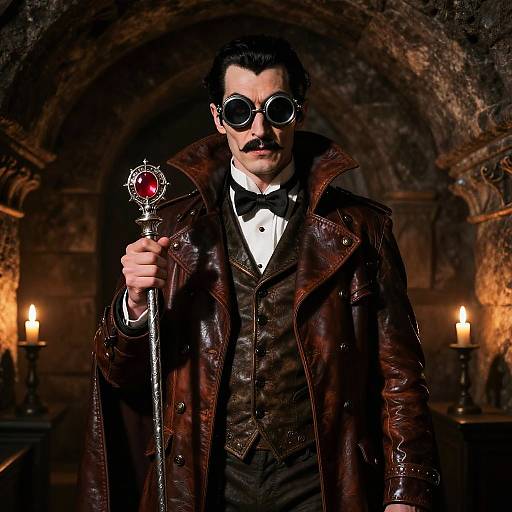 Photograph of a mustachioed man in dark Victorian attire, leather coat, round sunglasses, holding a staff with a red gem, in a