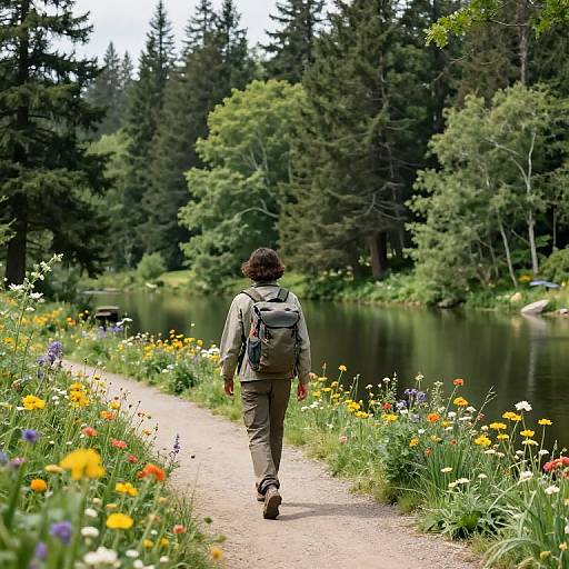 Photograph of a person with curly hair, wearing green backpack and pants, walking away on a flower-lined forest path beside a calm river. Dense trees