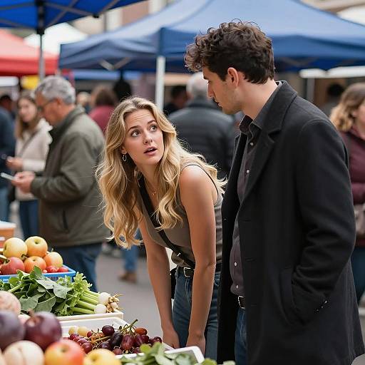 Vibrant Market Scene with Surprised Woman