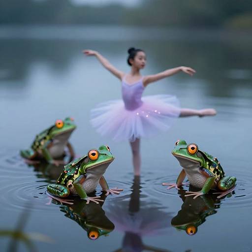 Photograph of a ballet dancer in a white tutu, surrounded by four vibrant green frogs with orange eyes, standing in a calm, reflective lake.